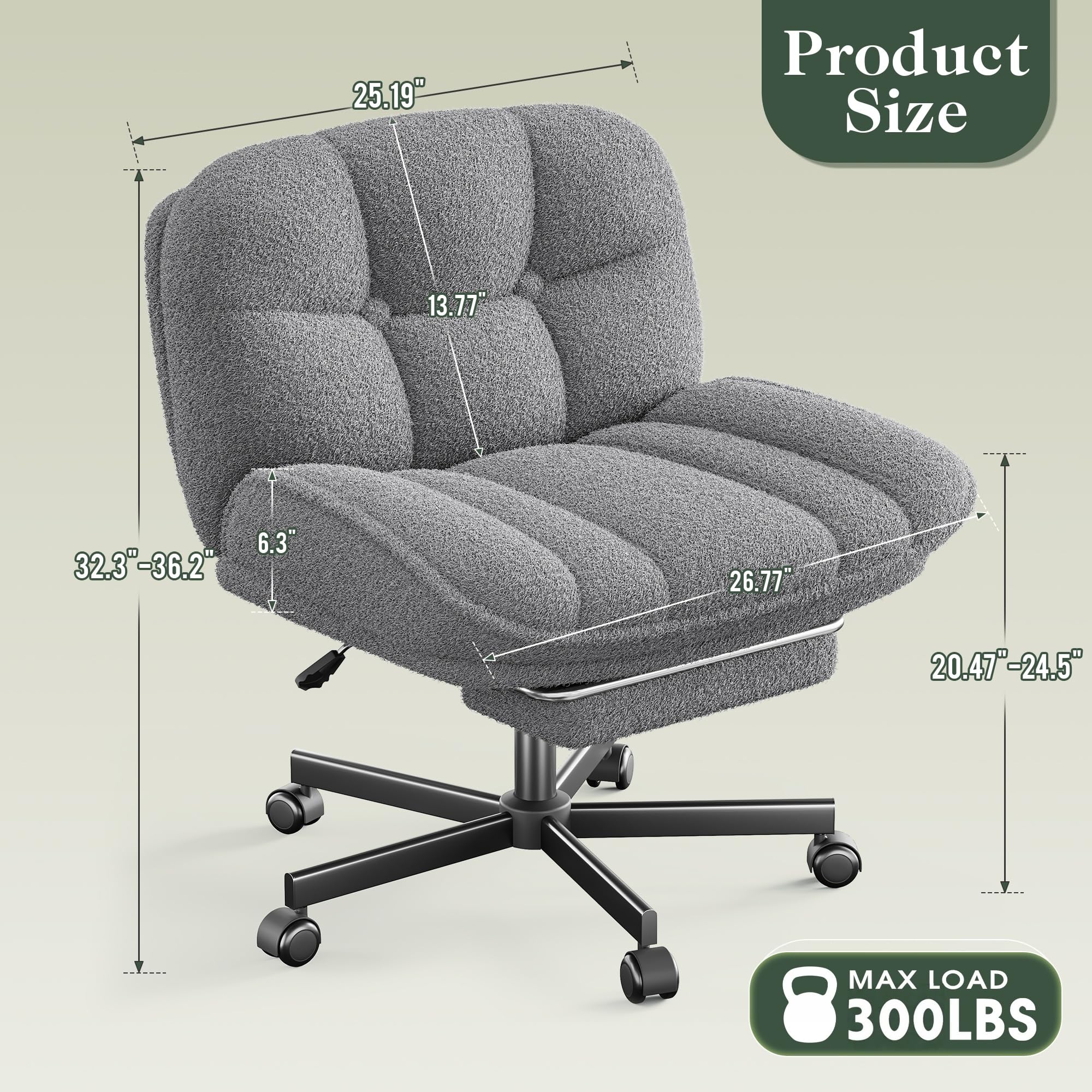 Criss Cross Office Chair with Foot Rest, 26.77" Wide Cross Legged Office Chair with 7" Thick Backrest, Height Adjustable & 360°Swivel, Desk Chair for All-Day Comfort (Misty Gray)