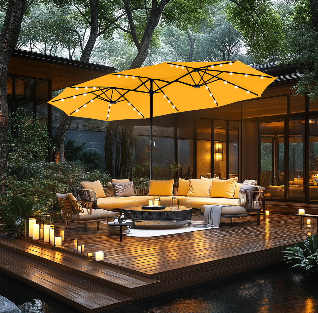 15ft Double Sided Patio Umbrella with Solar Lights, Outdoor Large Umbrellas with Crank Handle and 36 LED Lights, Rectangular Market Umbrella with Base Included for Deck Pool, Gold Yellow