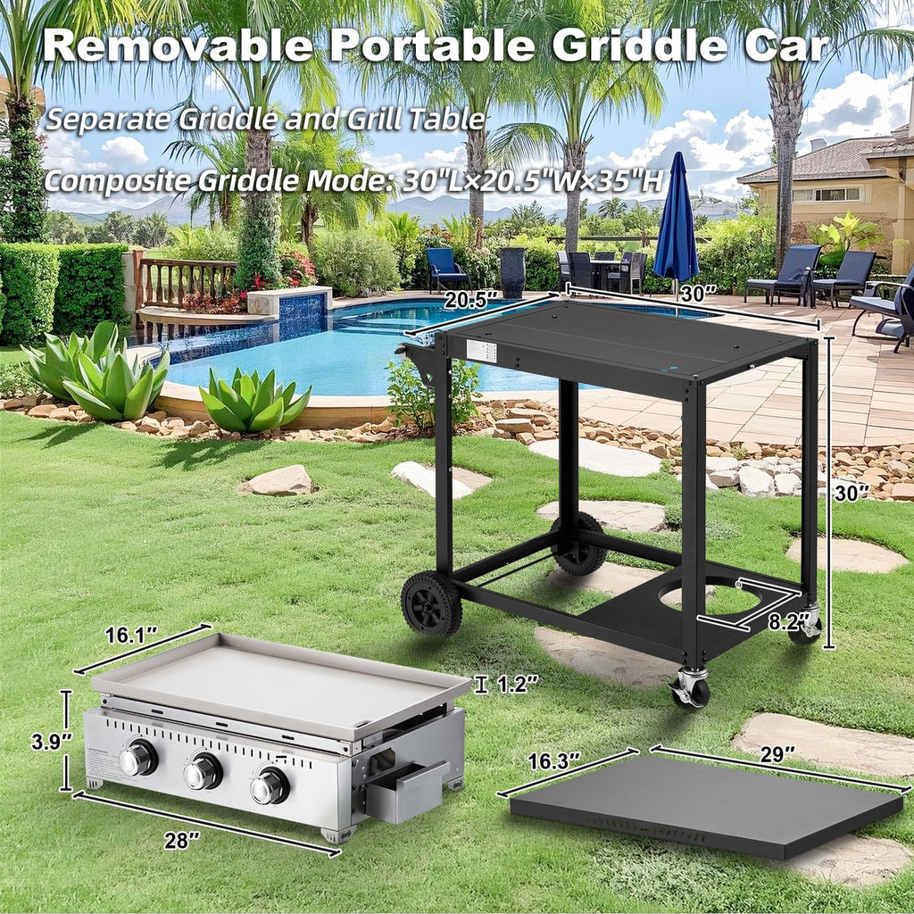 3 Burner 30000 BTU Outdoor Gas Griddle with Lid (Side Shelf), Portable Flat Top Griddle 28 Inch Heavy- Duty Cast lron Grill, Bottle Rack & Grease Pan for Camping, Picnic, Patio