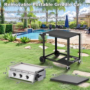 3 Burner 30000 BTU Outdoor Gas Griddle with Lid (Side Shelf), Portable Flat Top Griddle 28 Inch Heavy- Duty Cast lron Grill, Bottle Rack & Grease Pan for Camping, Picnic, Patio