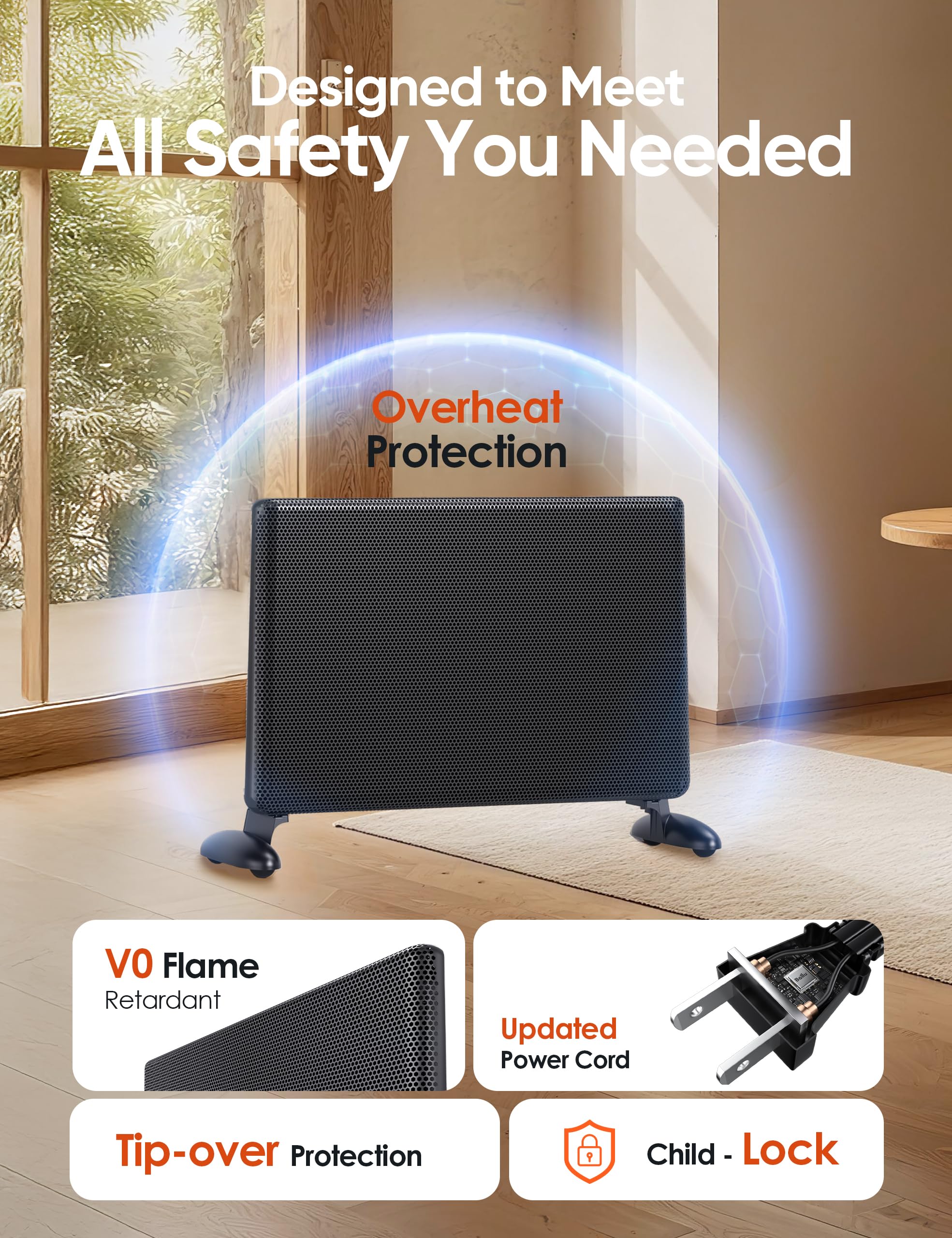 Infrared Space Heater Large Room,Panel Heater with Programmable Thermostat,WiFi App Control,Portable Stand or Wall Mount, Energy Efficient Smart Quiet Heater,Work with Alexa,Black