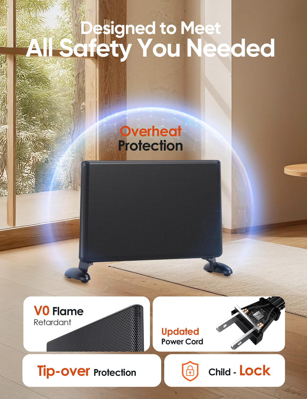 Infrared Space Heater Large Room,Panel Heater with Programmable Thermostat,WiFi App Control,Portable Stand or Wall Mount, Energy Efficient Smart Quiet Heater,Work with Alexa,Black