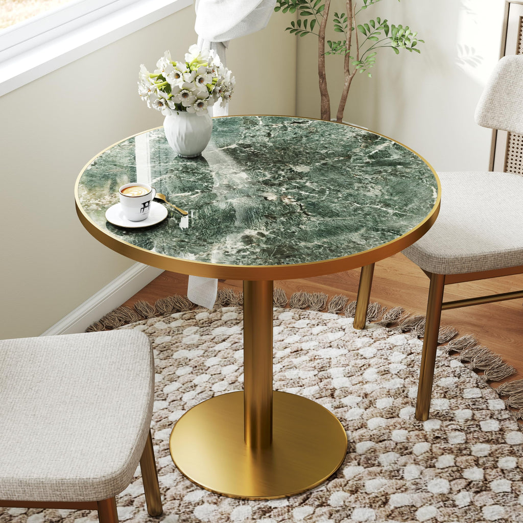 31.5" Tulip Table,Round Kitchen Dining Table for 2-4 with Thick Sintered Stone Top,Titanium Golden Pedestal Base,Heat-Resistant,Bistro Table for Dining Room,Café,Small Space（Emerald Essence）