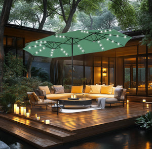 15ft Double Sided Patio Umbrella with Solar Lights, Outdoor Large Umbrellas with Crank Handle and 36 LED Lights, Rectangular Market Umbrella with Base Included for Deck Pool Shade, Mint Green