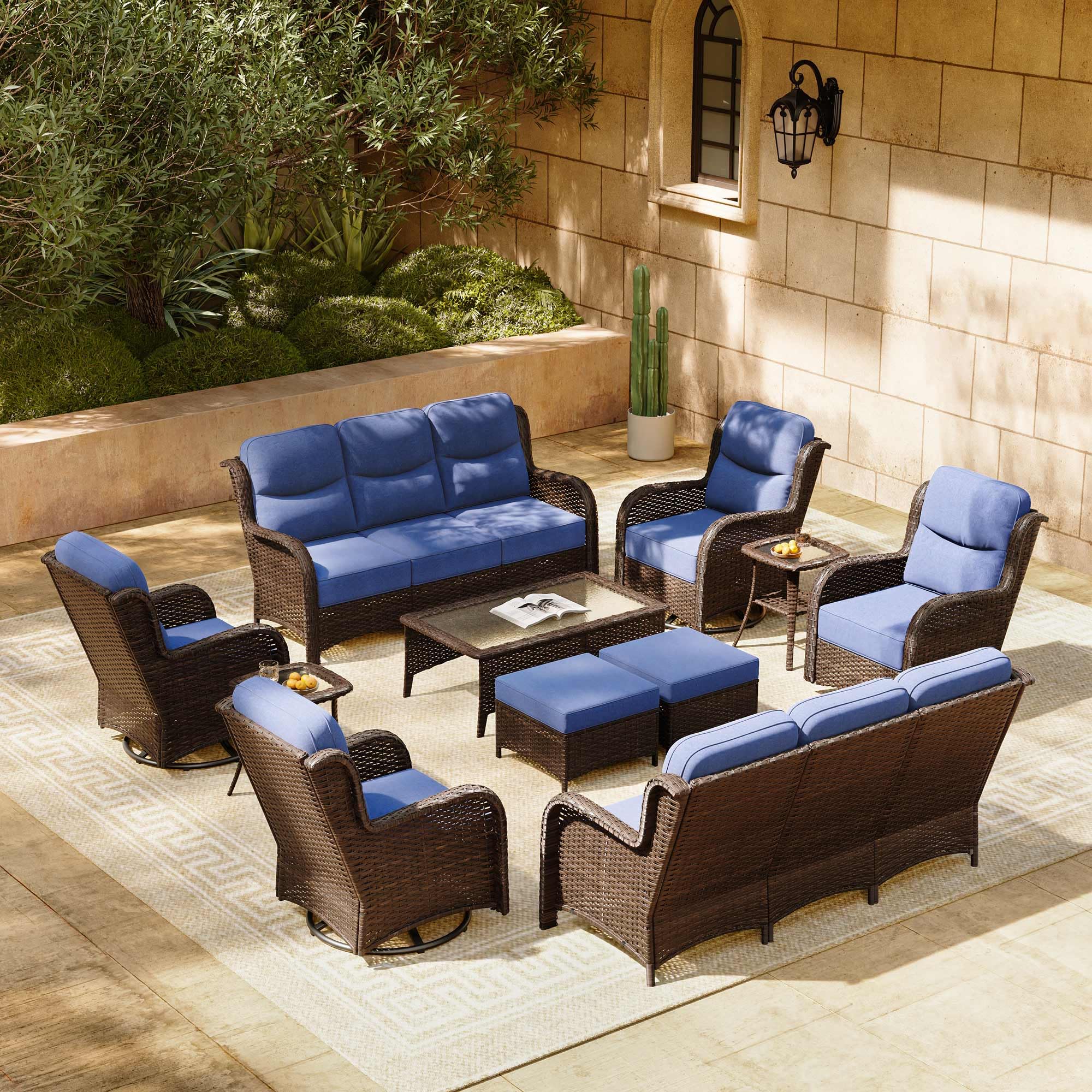 Luxury Patio Furniture Set with 6-inch Thick Cushion, Outdoor Couch and High Back Swivel Rocker Patio Chairs, 11PCS Wicker Conversation Set for Deck Yard and Poolside, Blue (V2)
