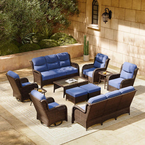 Luxury Patio Furniture Set with 6-inch Thick Cushion, Outdoor Couch and High Back Swivel Rocker Patio Chairs, 11PCS Wicker Conversation Set for Deck Yard and Poolside, Blue (V2)