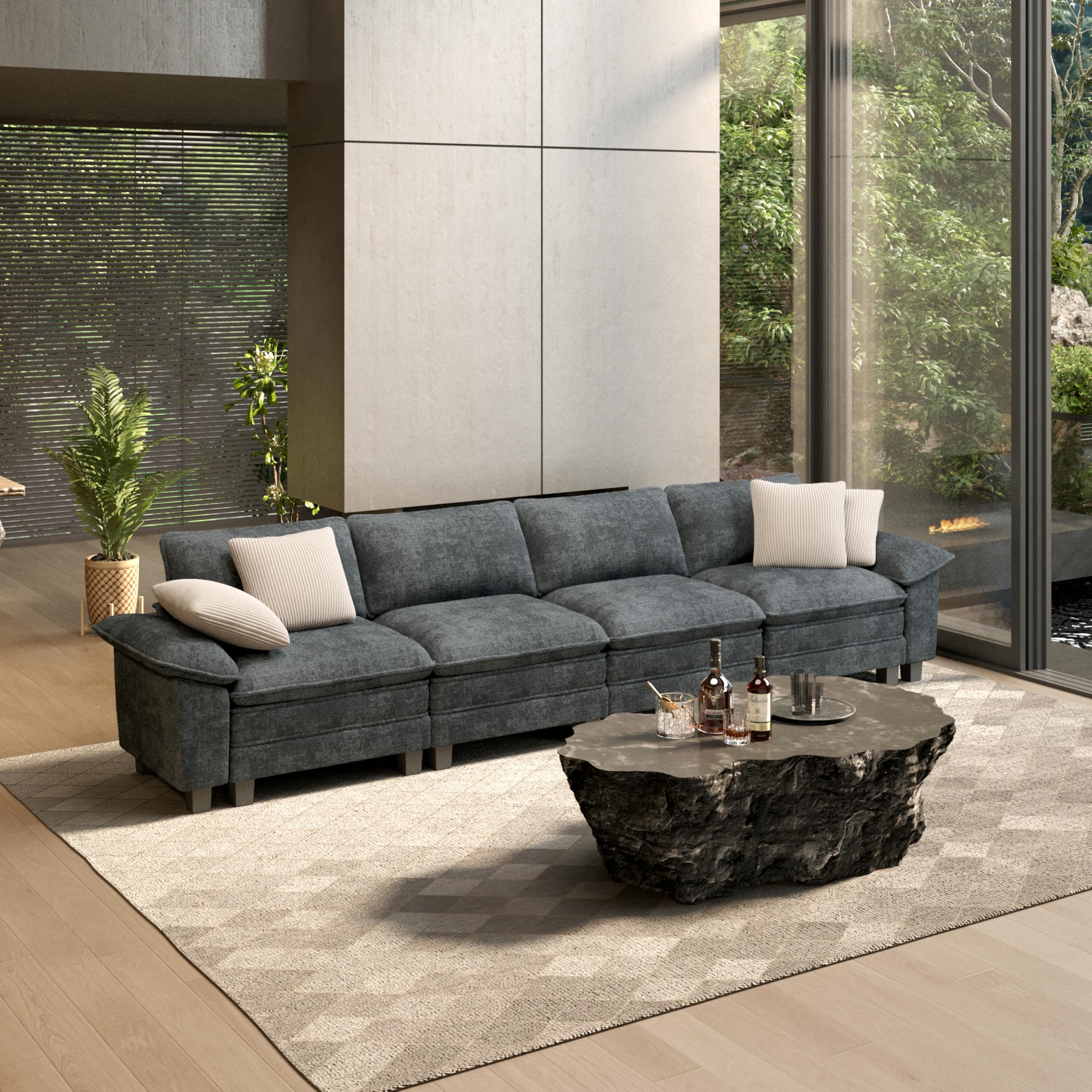158" Modular Sectional Sofa, Oversized Couches for Living Room, Comfy Cloud Couch 4-Seater Deep Seat Sofa with Throw Pillow, Chenille Blue