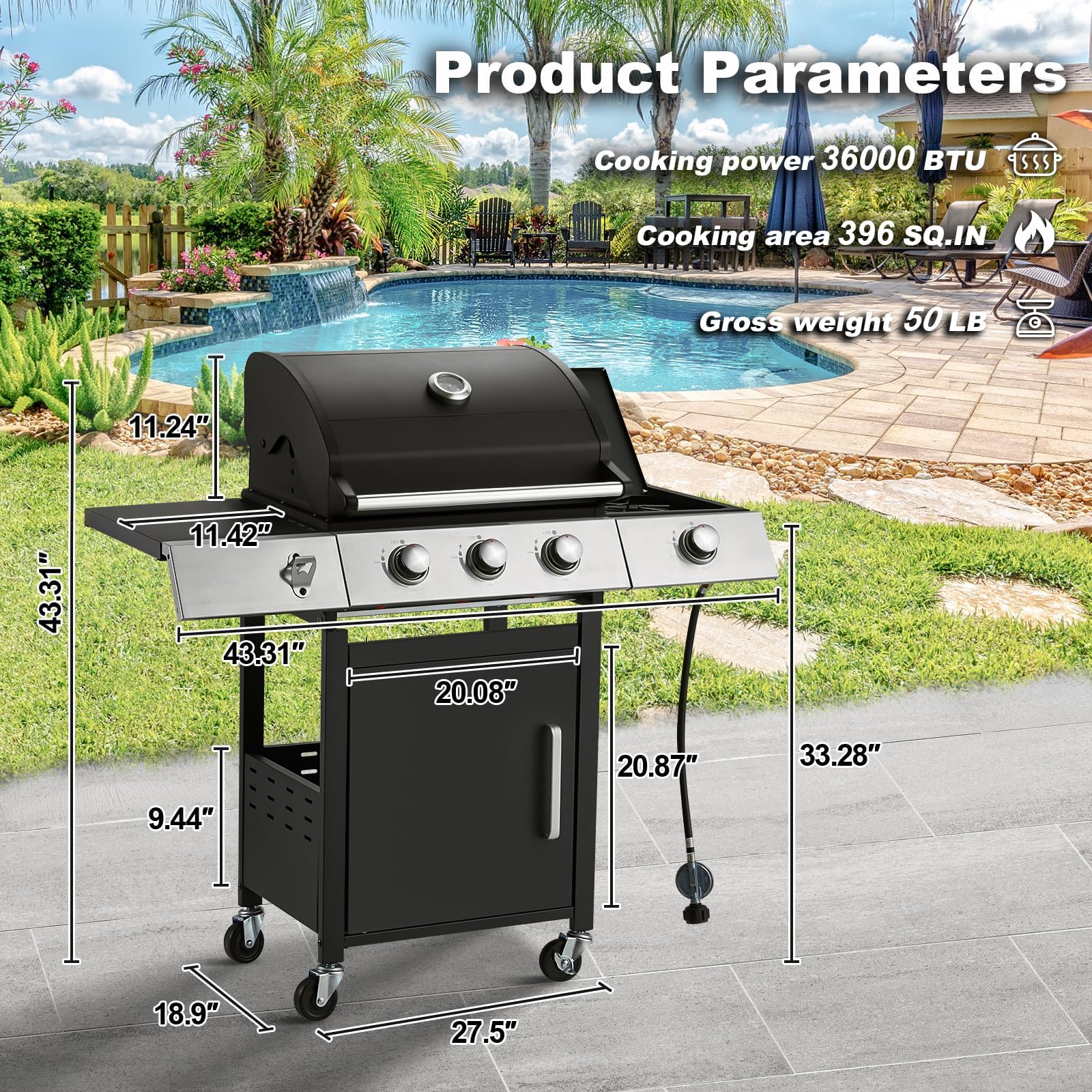 Upgraded 36,000 BTU Stainless Steel Burner Barbecue Grill, 3 Burner BBQ Propane Gas Grill with Cast Iron Grates & Side Stove for Patio, Camping, Outdoor Cooking