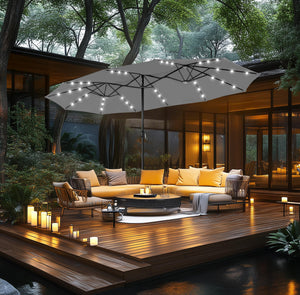 15ft Double Sided Patio Umbrella with Solar Lights, Outdoor Large Umbrellas with Crank Handle and 36 LED Lights, Rectangular Market Umbrella with Base Included for Deck Pool Shade, Smoky Gray