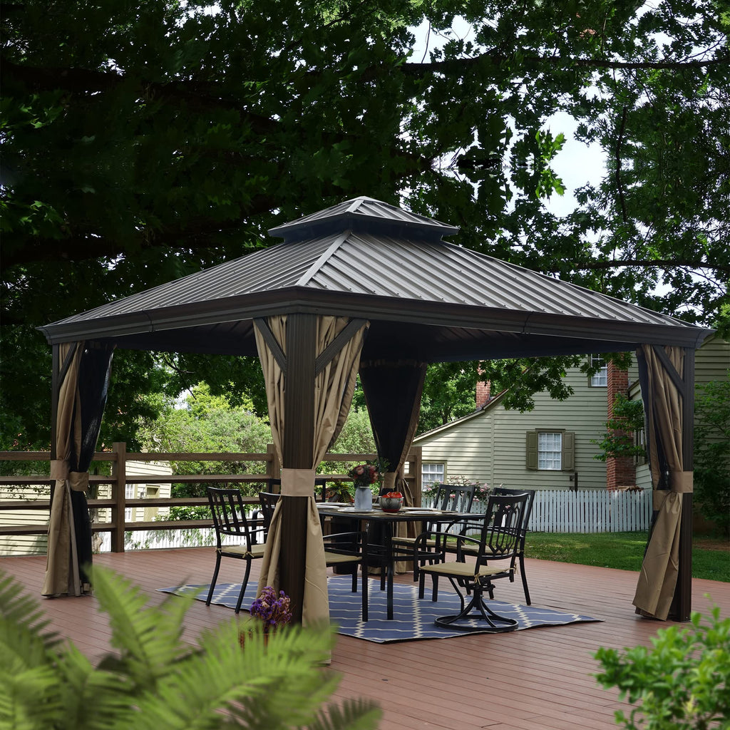 12' x 12' Hardtop Gazebo, Aluminum Frame with Galvanized Steel Double Roof, Outdoor Permanent Pavilion with Curtains and Netting for Patio, Backyard, Deck, Lawn(Brown)