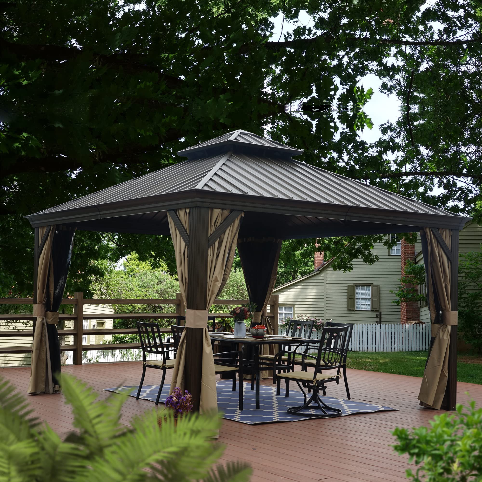 12' x 12' Hardtop Gazebo, Aluminum Frame with Galvanized Steel Double Roof, Outdoor Permanent Pavilion with Curtains and Netting for Patio, Backyard, Deck, Lawn(Brown)