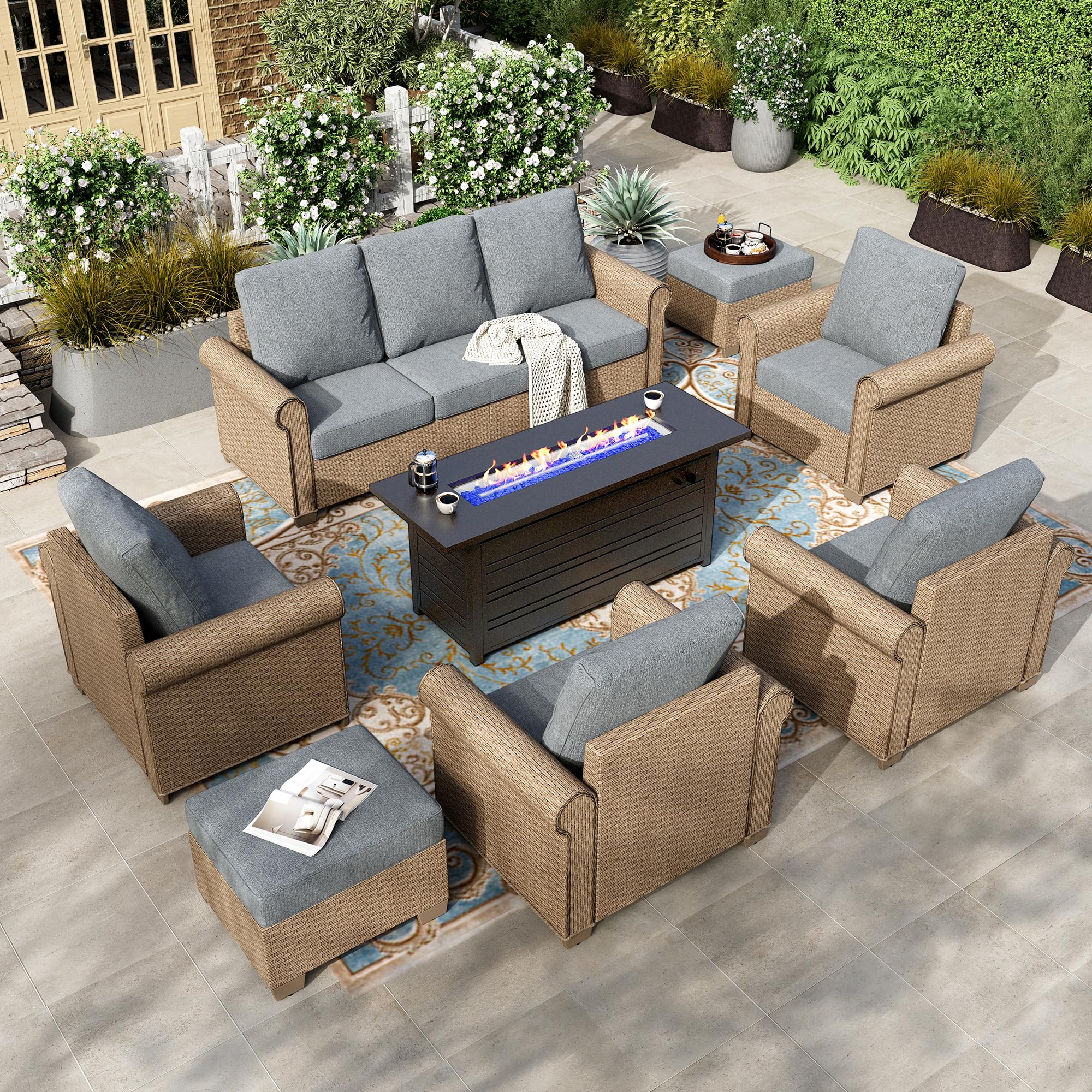 8-Piece Patio Furniture Set, All Weather 9 Seats Outdoor Wicker Sofa with Ottomans, Rattan Patio Conversation Set with 5.5