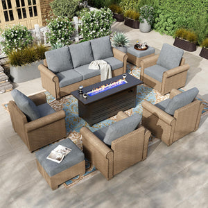 8-Piece Patio Furniture Set, All Weather 9 Seats Outdoor Wicker Sofa with Ottomans, Rattan Patio Conversation Set with 5.5