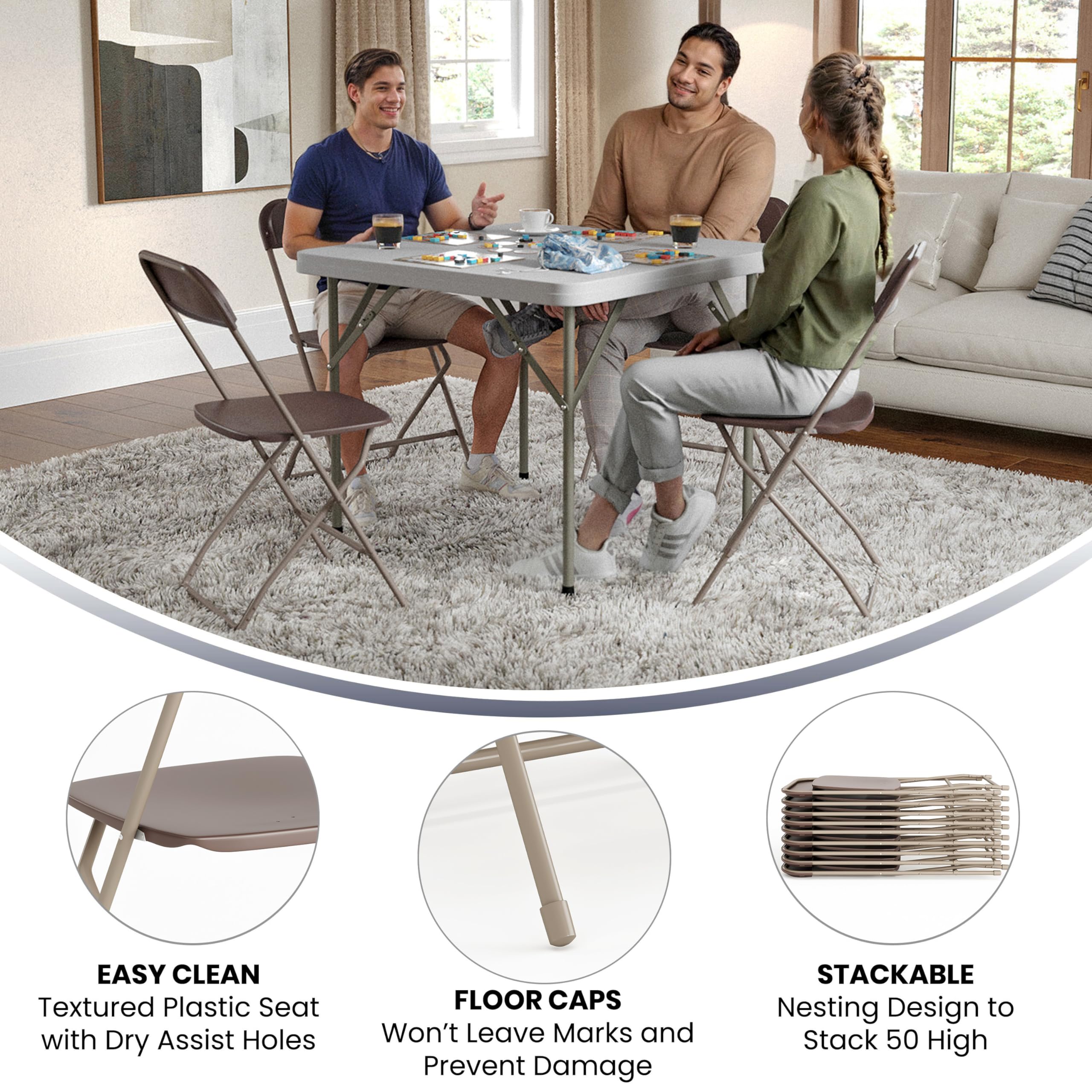 4 Pack Hercules Series Plastic Folding Chair - Brown - 650LB Weight Capacity Comfortable Event Chair-Lightweight Folding Chair