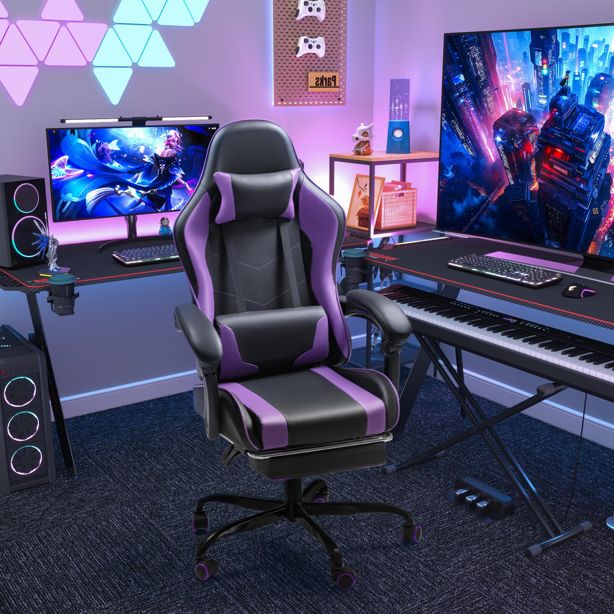 Gaming Chair, Video Game Chair with Footrest and Massage Lumbar Support, Ergonomic Computer Chair Height Adjustable with Swivel Seat and Headrest (Purple)