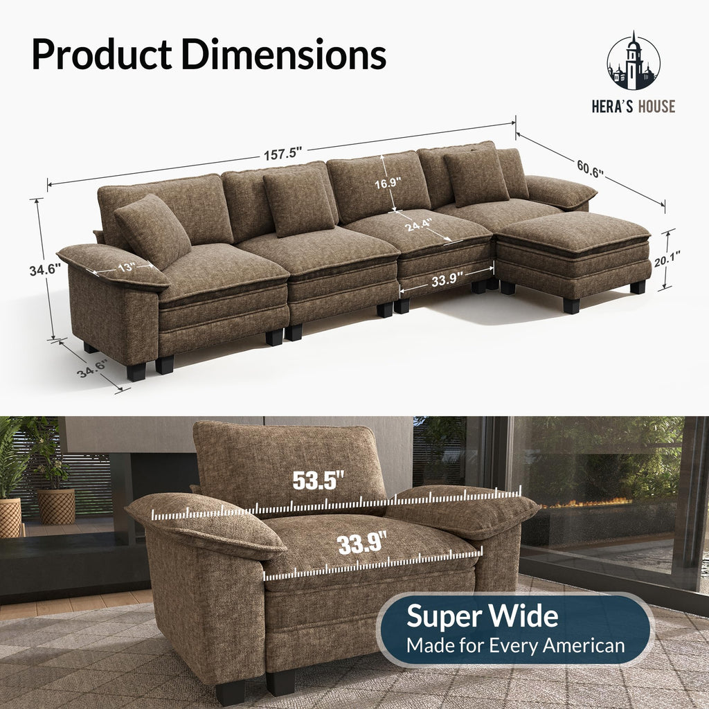 158" Modular Sectional Sofa, Oversized L Shaped Couches for Living Room, Comfy Cloud Couch with Ottoman, 5-Seater Deep Seat Sofa with Throw Pillow, Chenille Taupe