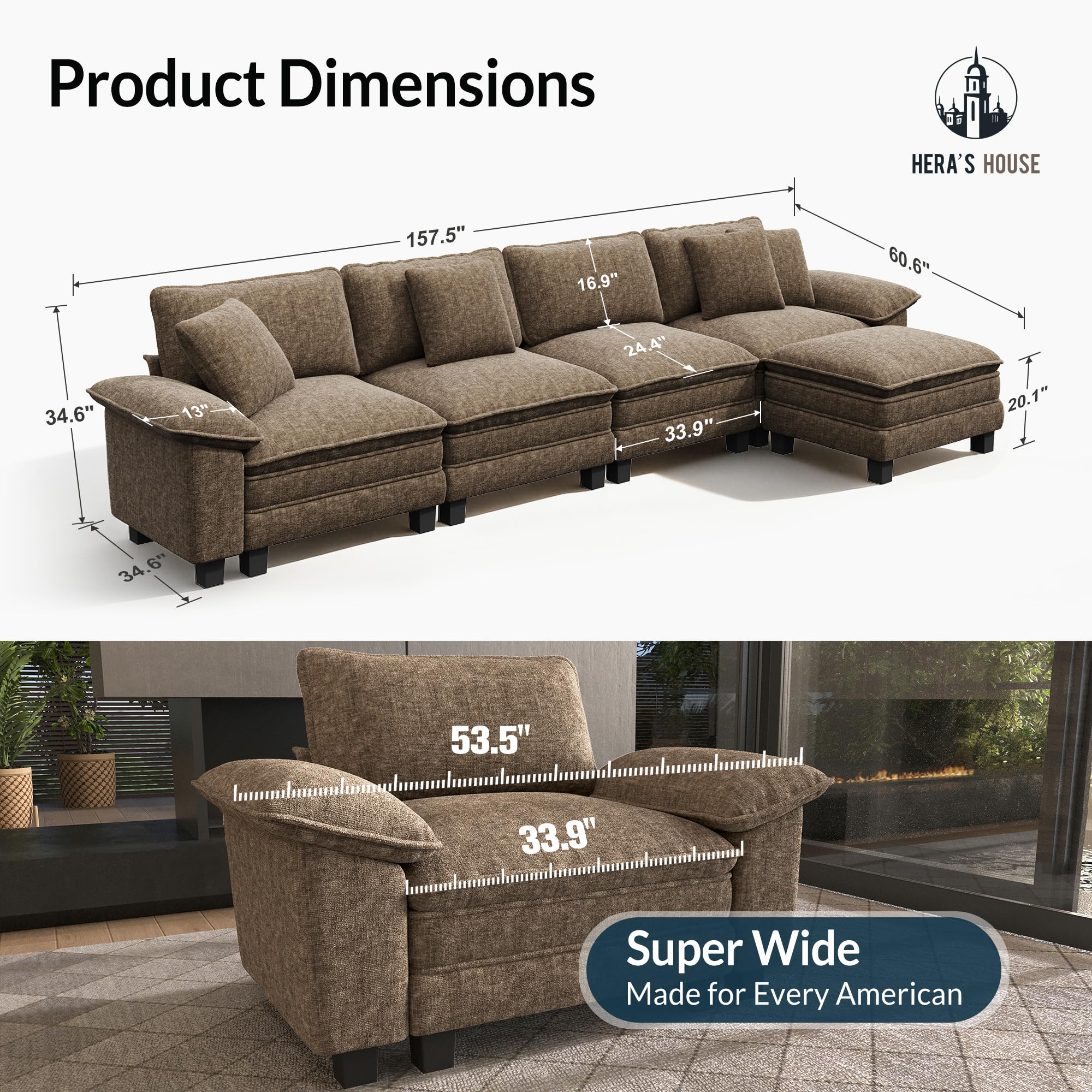 158" Modular Sectional Sofa, Oversized L Shaped Couches for Living Room, Comfy Cloud Couch with Ottoman, 5-Seater Deep Seat Sofa with Throw Pillow, Chenille Taupe