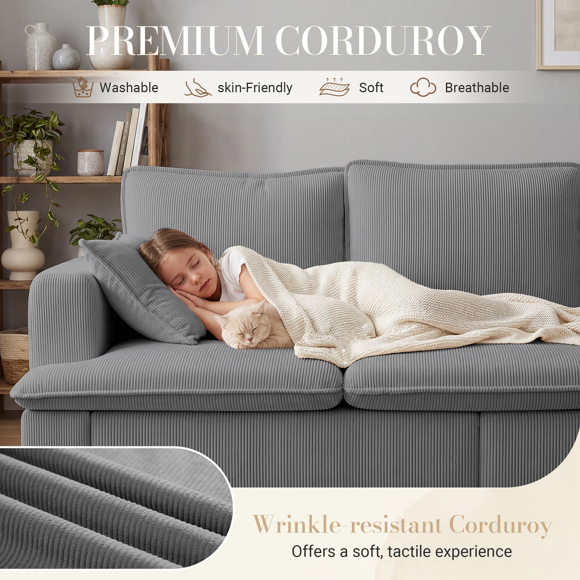 3 Seater Couch, 83" Comfy Corduroy Sofa with Deep Seat, Modern Sofa Couch for Living Room, Office, Bedroom, Apartment (Pillows not Included)