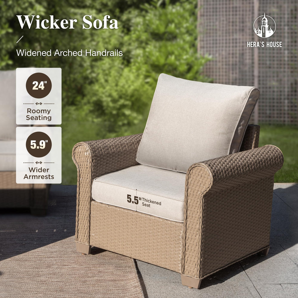 8 Pieces Patio Furniture Set, All Weather 9 Seats Outdoor Wicker Sofa with Ottomans, Rattan Patio Conversation Set with 5.5" Cushions and 57" Fire Pit Table, Beige