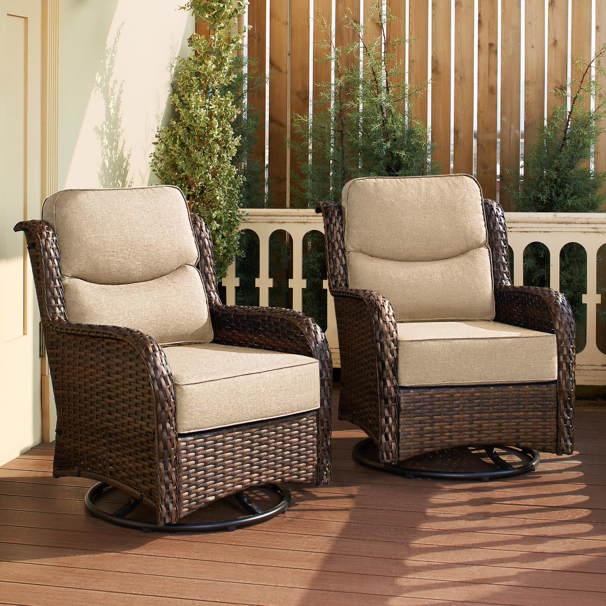 Luxury Patio Furniture Set with 6-inch Thick Cushion, Outdoor High Back Swivel Rocker Patio Chairs, 2PCS Wicker Conversation Set for Deck Yard and Poolside, Beige (V2)