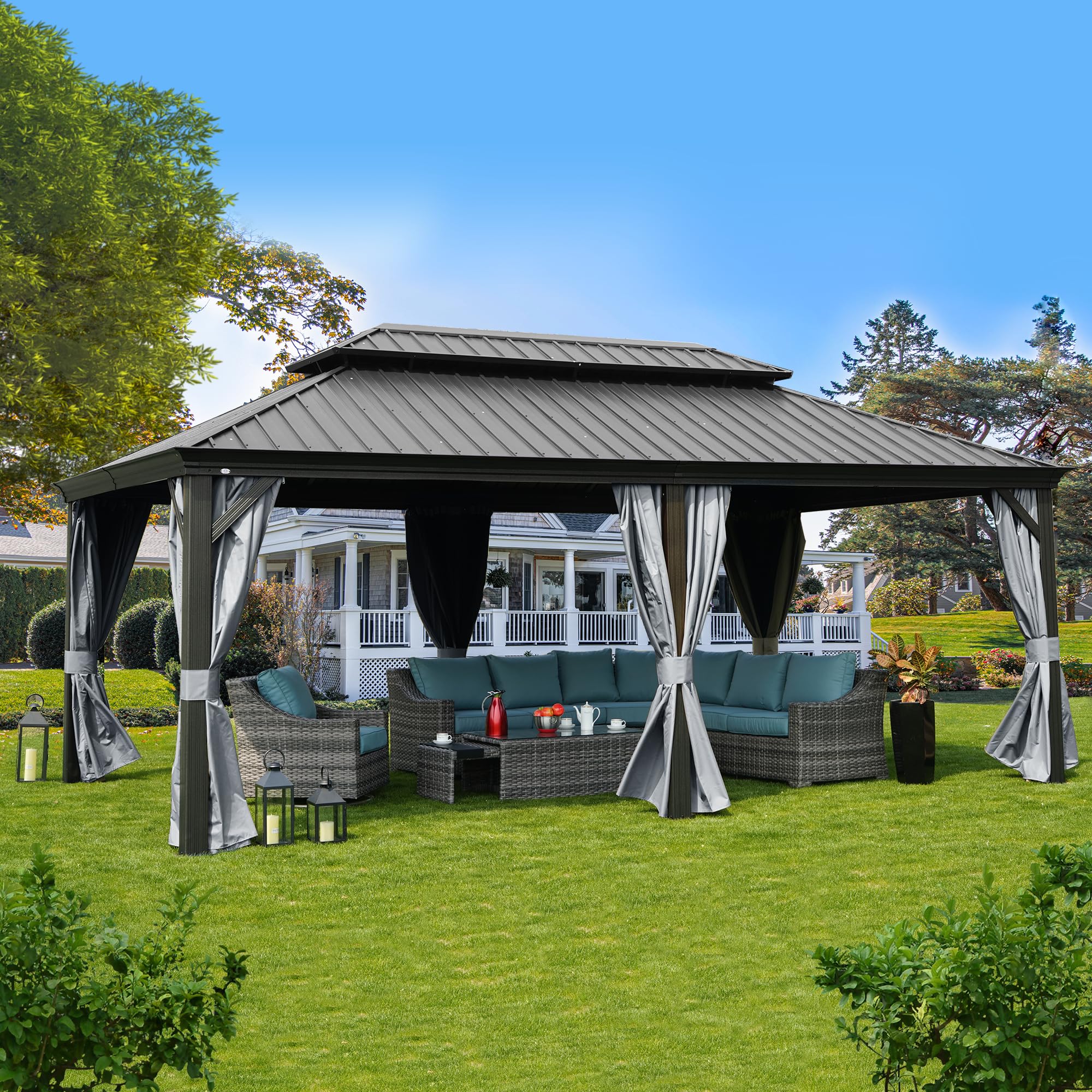 12' x 20' Hardtop Gazebo, Aluminum Frame with Galvanized Steel Double Roof, Outdoor Permanent Pavilion with Curtains and Netting for Patio, Backyard, Deck, Lawn(Gray)