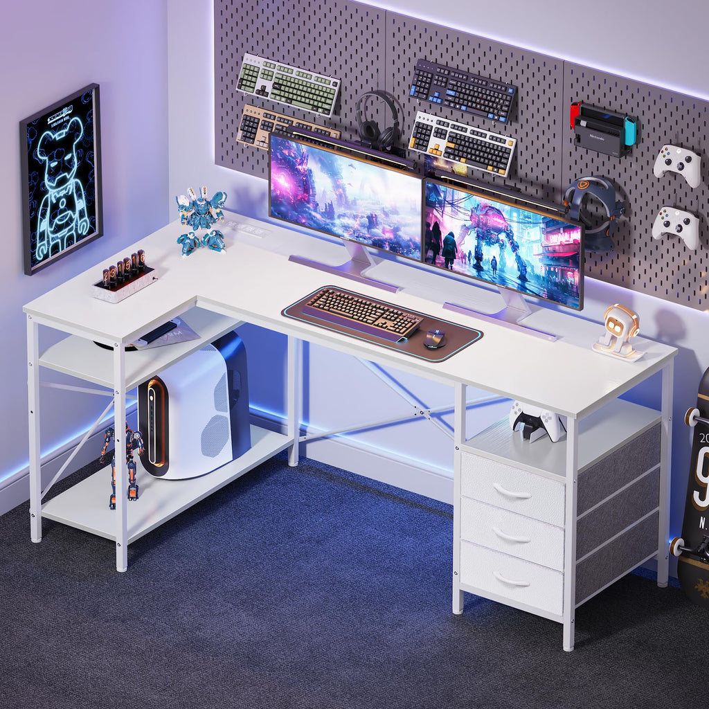 L Shaped Office Desk with Power Outlets, 55 Inch Computer Desk with 3 Drawers, Shelves, Reverisble for Gaming Corner Work Home Office Study, White