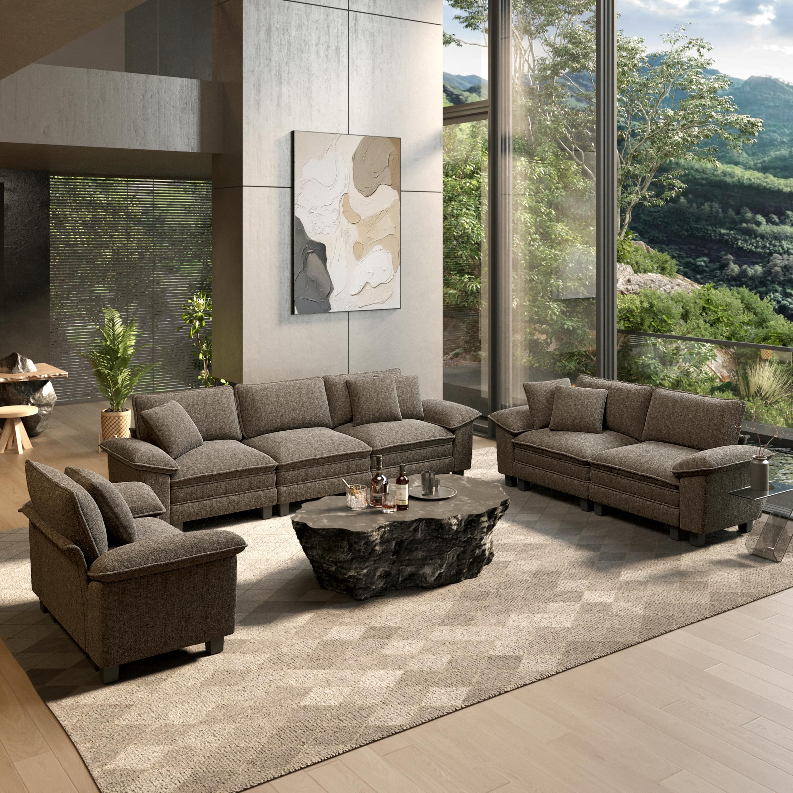 3 Pieces Modular Sectional Sofa Sets, Oversized Couch Set with Loveseats, Comfy Cloud Couches with Throw Pillows, 7-Seater Deep Seat Sofa for Living Room, Chenille Ash