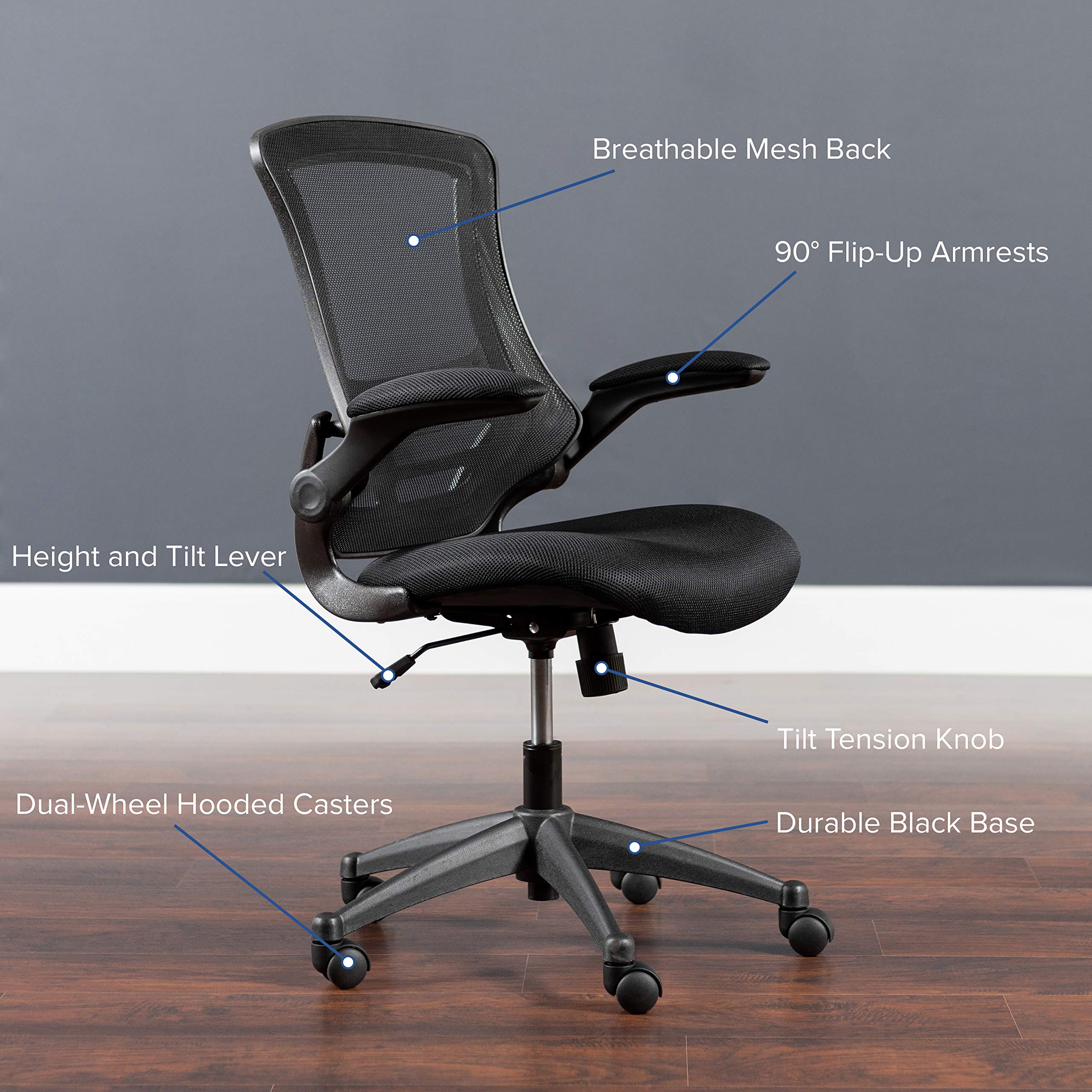 Set of 4 Mid-Back Swivel Ergonomic Task Office Chairs with Flip-Up Arms, Black Mesh