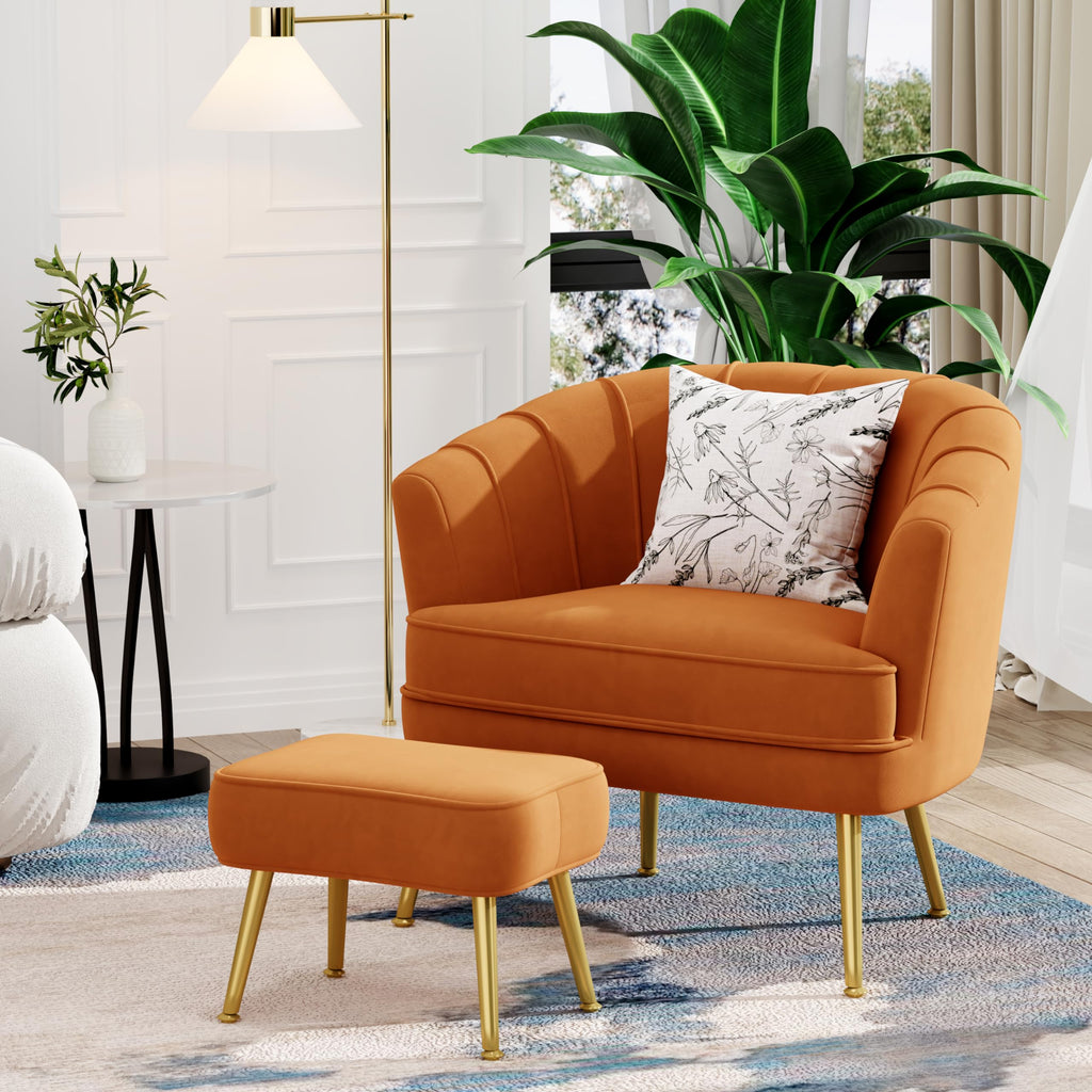 Velvet Accent Chair with Ottoman,Upholstered Modern Single Sofa Side Chair,Comfy Barrel Club Living Room Armchair with Golden Metal Legs for Bedroom Living Reading Room Office,Caramel Orange