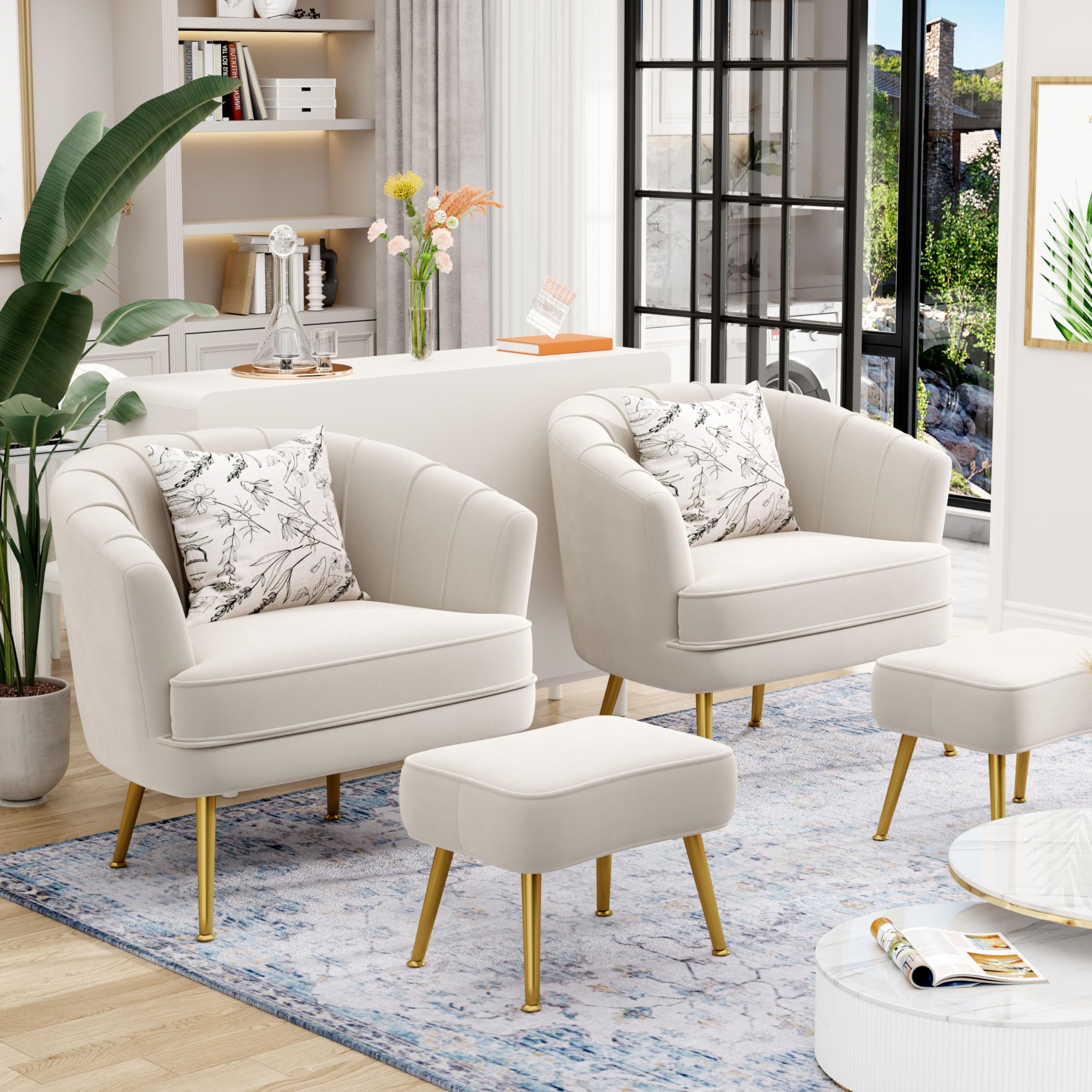 Velvet Accent Chair with Ottoman, Upholstered Modern Single Sofa Side Chair,Comfy Barrel Club Living Room Armchair with Golden Metal Legs for Bedroom Living Reading Room Office, Beige