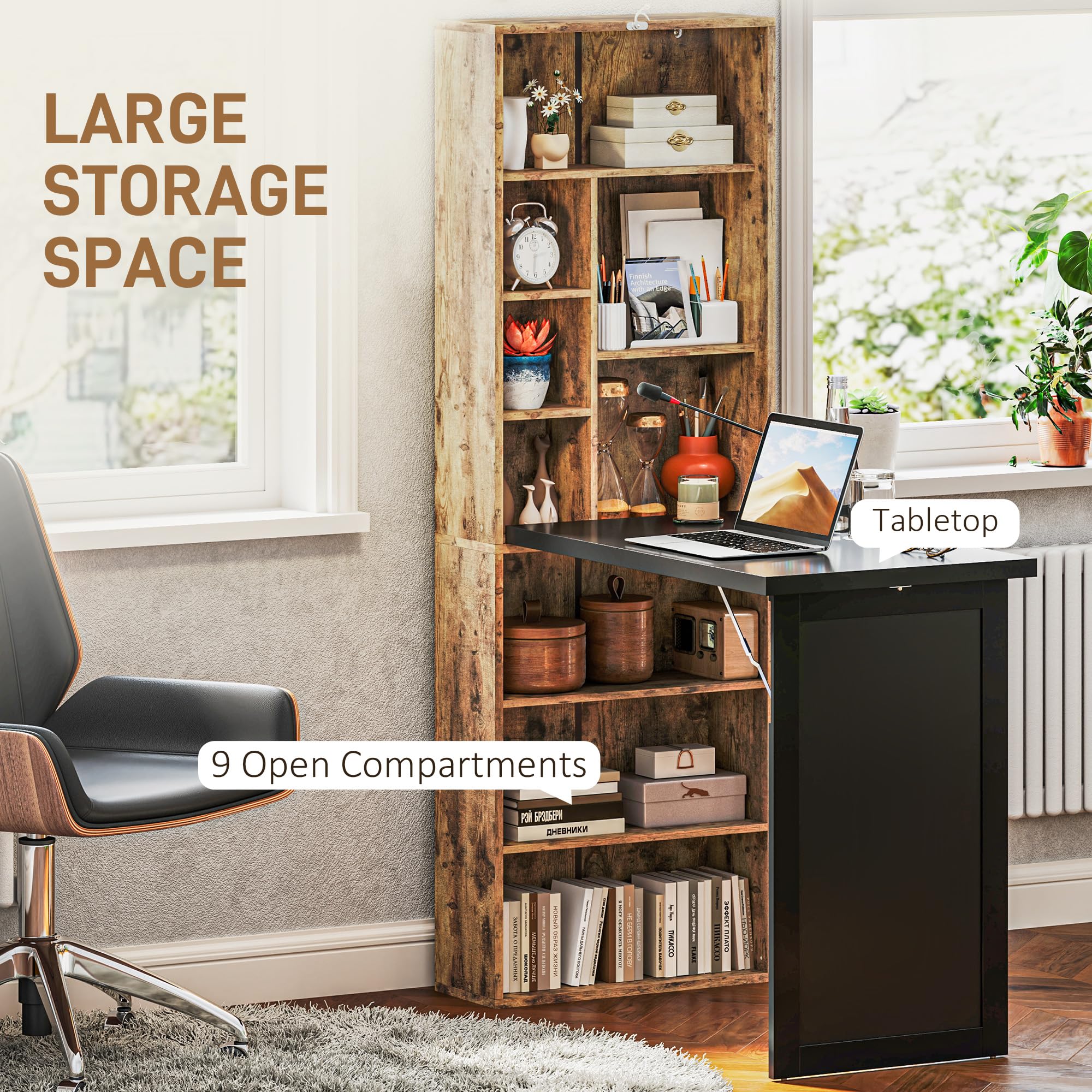 Foldable Convertible Writing Table, Wall Mounted Space-Saving Computer Desk with Chalkboard and Storage Shelves for Small Spaces, Home Office, Bedroom, Dorm, Apartment, Rustic Brown