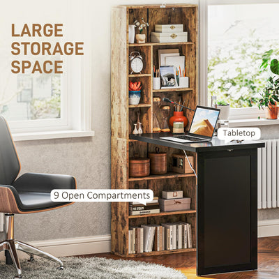 Foldable Convertible Writing Table, Wall Mounted Space-Saving Computer Desk with Chalkboard and Storage Shelves for Small Spaces, Home Office, Bedroom, Dorm, Apartment, Rustic Brown