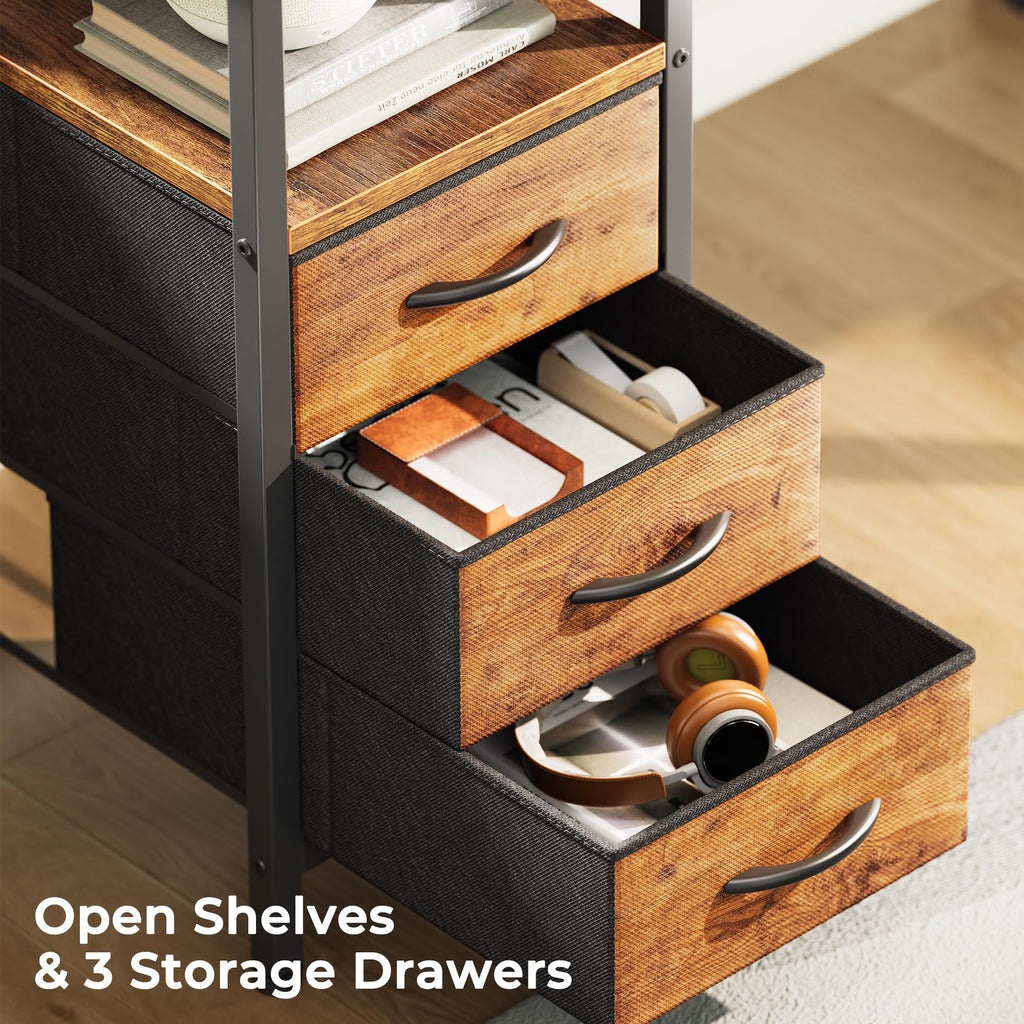 L Shaped Office Desk with Power Outlets, 47 Inch Computer Desk with 3 Drawers, Shelves, for Gaming, Corner Work, Home Office, Study, Rustic Brown