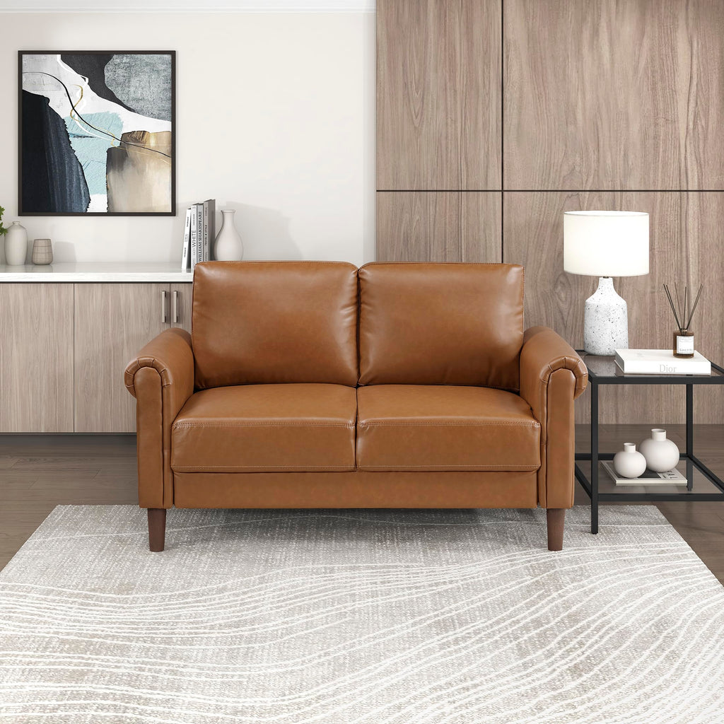 57" W Faux Leather Loveseat Sofa, Upholstered 2-Seater Couch with Rolled Armrest & Wood-Look Feet, Traditional Small Space Living Room, Office or Waiting Room Seating - Brown