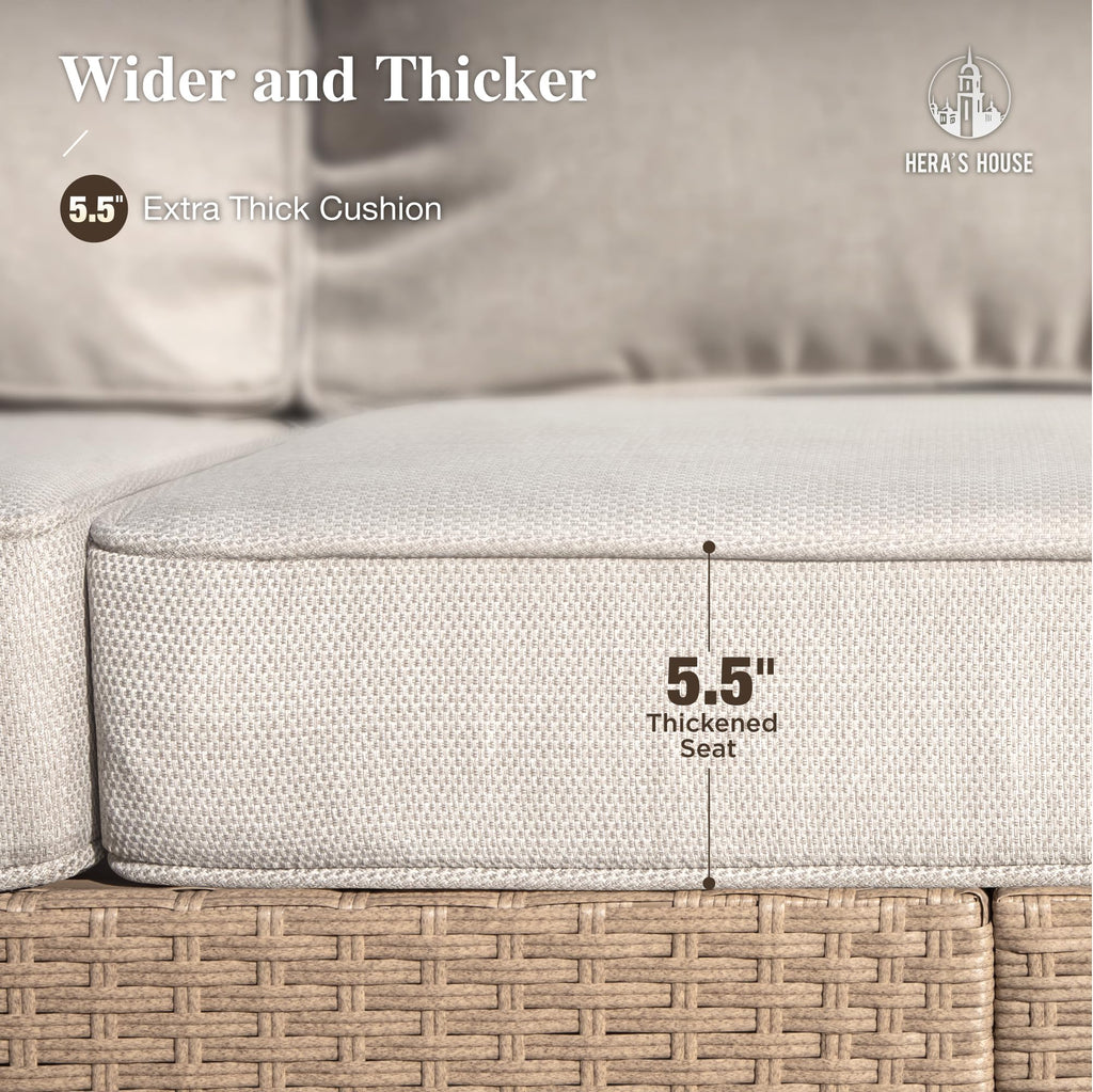 5 Pieces Patio Furniture Set, All Weather 7 Seats Outdoor Wicker Sofa with Ottoman, 5.5" Thick Waterproof Cushion Conversation Set for Garden Deck Backyard, Beige