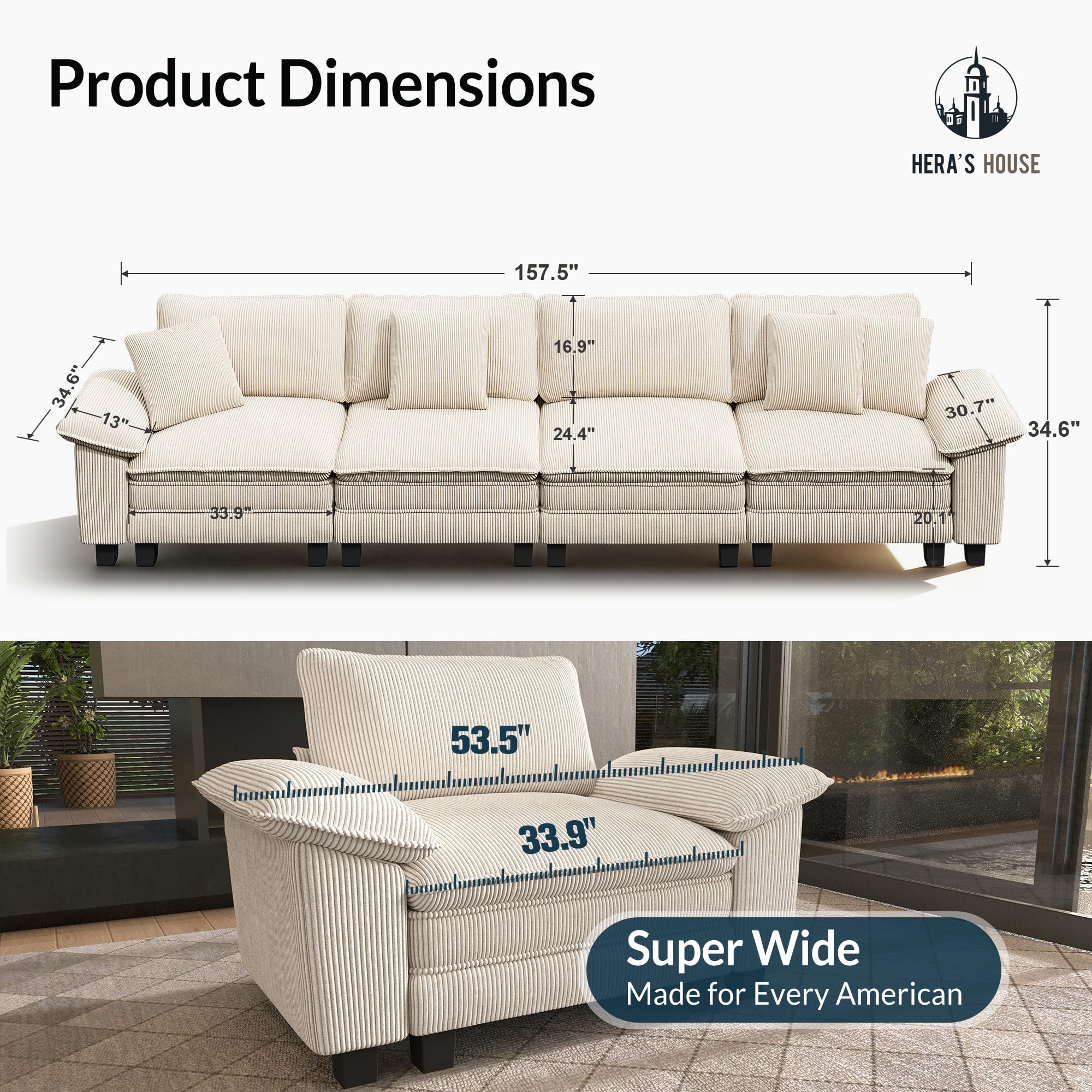 158" Modular Sectional Sofa, Oversized Couches for Living Room, Comfy Cloud Couch 4-Seater Deep Seat Sofa with Throw Pillow, Corduroy Beige