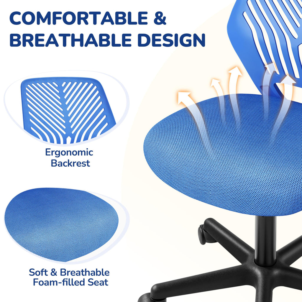 Students Desk Chair Low-Back Armless Study Chair Cute with Lumbar Support Adjustable Height for Youth, Blue