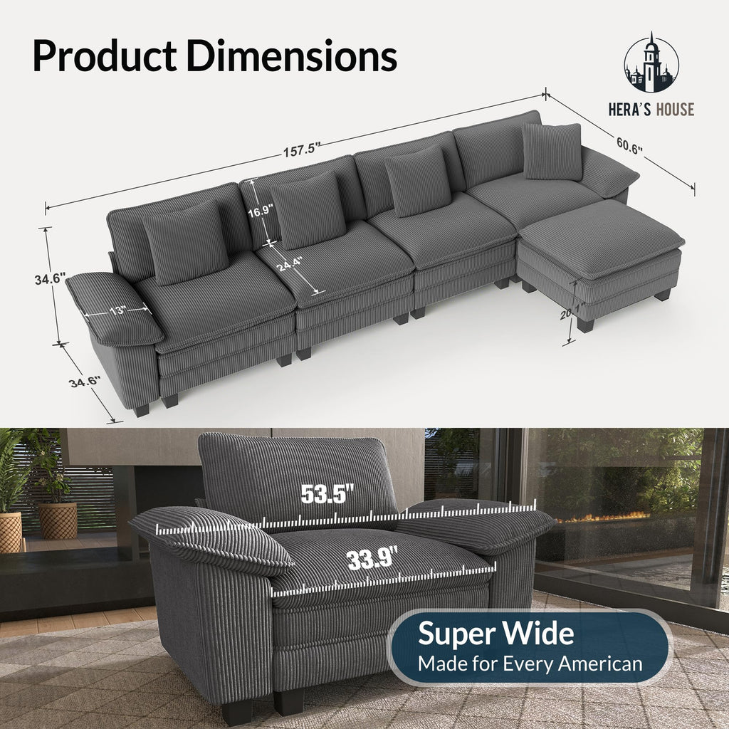 158" Modular Sectional Sofa, Oversized L Shaped Couches for Living Room, Comfy Cloud Couch with Ottoman, 5-Seater Deep Seat Sofa with Throw Pillow, Corduroy Grey