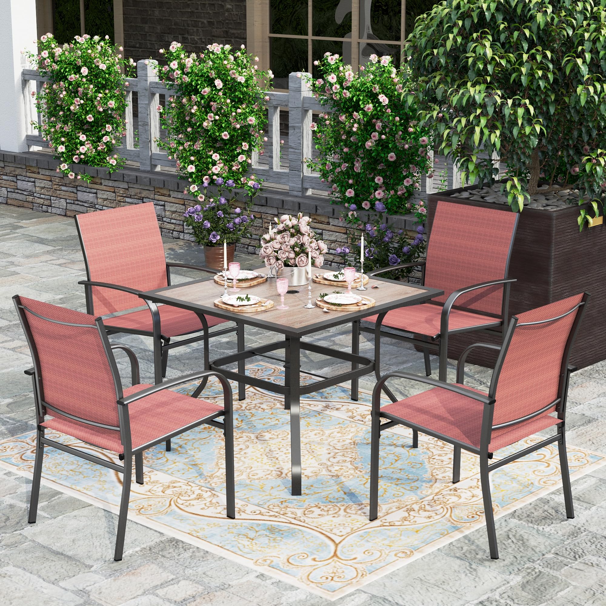Outdoor Dining Set 5 Piece Patio Furniture Set, 4 x Textilene Dining Chair, 37