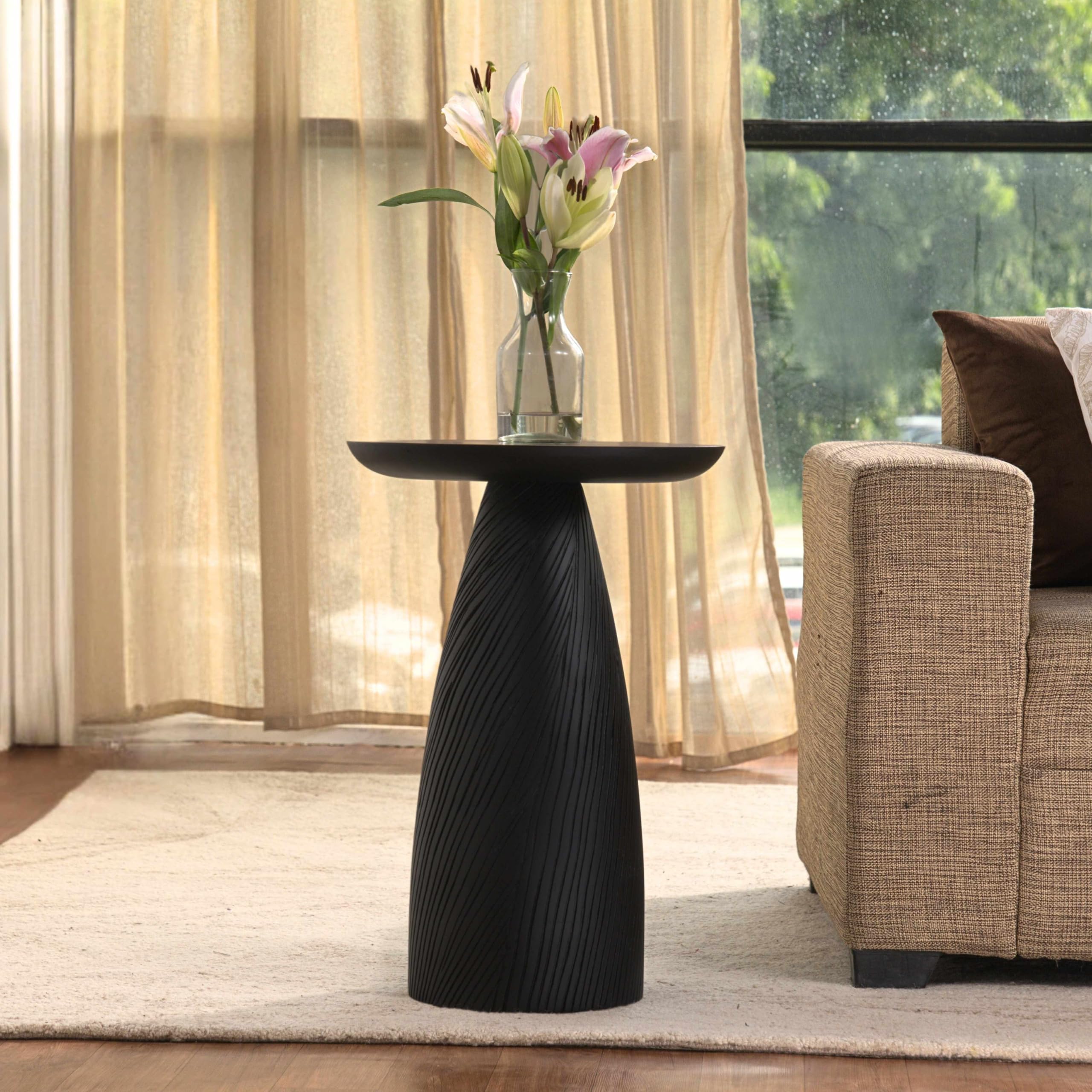Mid-Century Farmhouse Cottagecore Accent Drink Table, Round Solid Mango Wood Accent Table with Carved Cone Base Minimalist Design for Small Spaces, Living Room, Bedroom or Entryway, Black, Assembled
