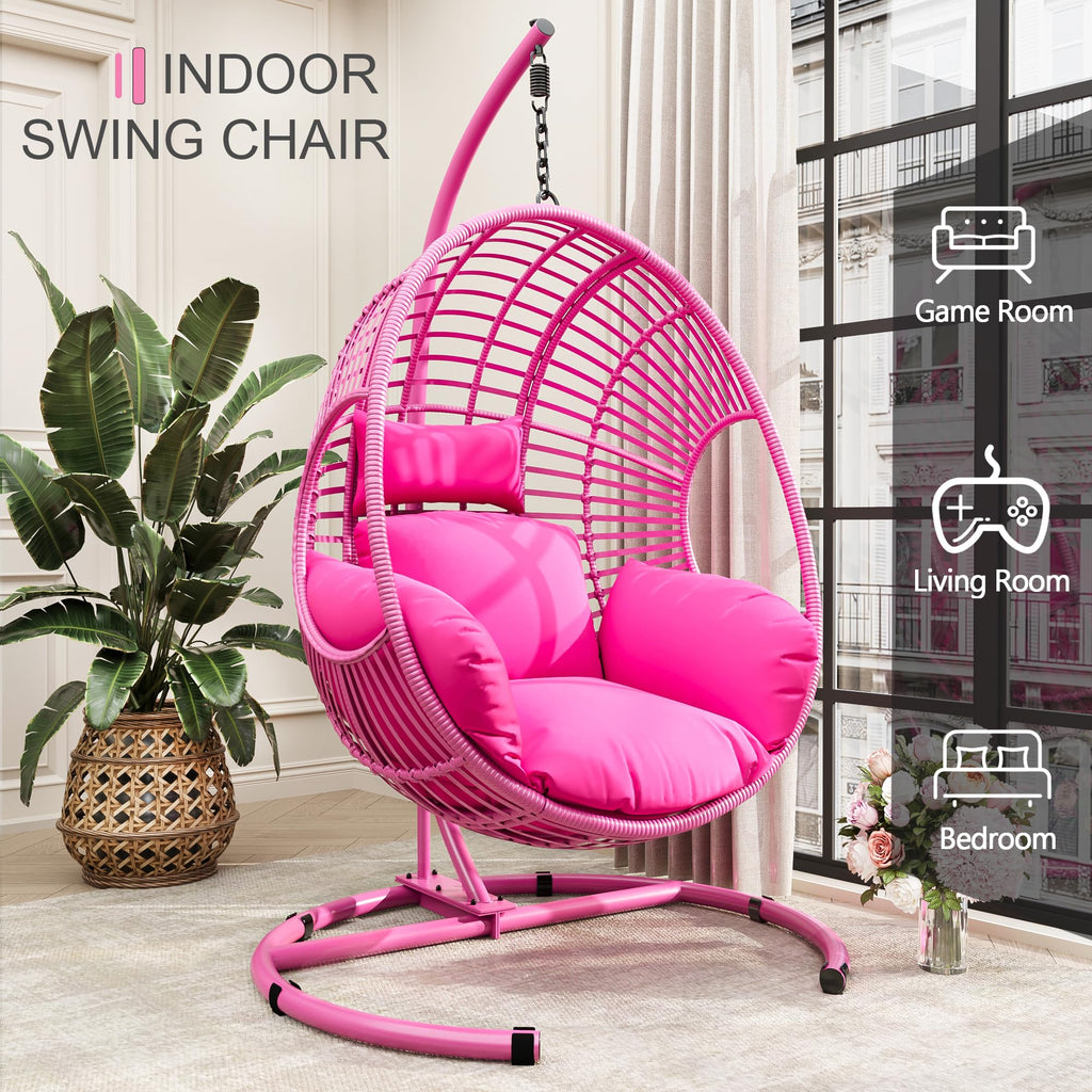 Oversized Hanging Egg Chair Outdoor Indoor, Wicker Swing Egg Chair with Stand 400lbs Capacity for Bedroom, Patio, Garden and Balcony (Pink-Regular, Oversize)