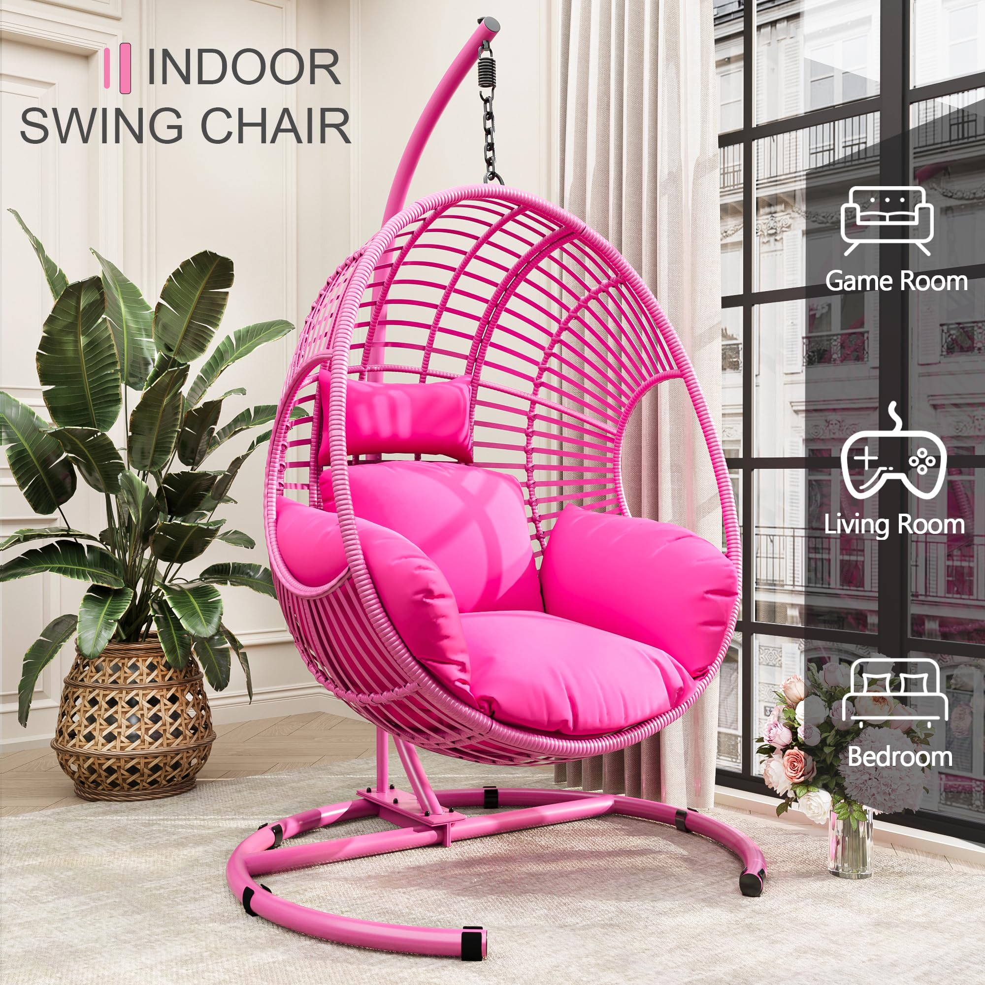 Oversized Hanging Egg Chair Outdoor Indoor, Wicker Swing Egg Chair with Stand 400lbs Capacity for Bedroom, Patio, Garden and Balcony (Pink-Regular, Oversize)