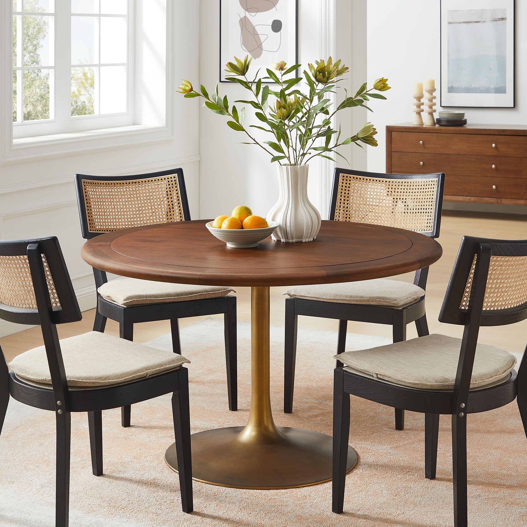 48 Inch Round Wood Dining Table with Metal Pedestal in Brass Walnut - Modern Industrial Dining Table for 4 People - Solid Wood Tulip Kitchen Table