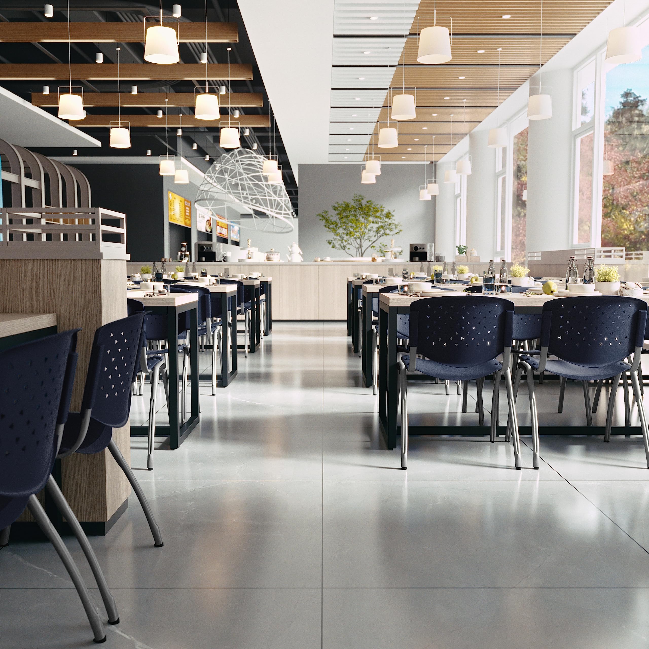 Hercules Series Plastic Contoured Lobby Chairs with Perforated Backs, Ergonomic Stacking Chairs for Offices, Set of 5, Navy