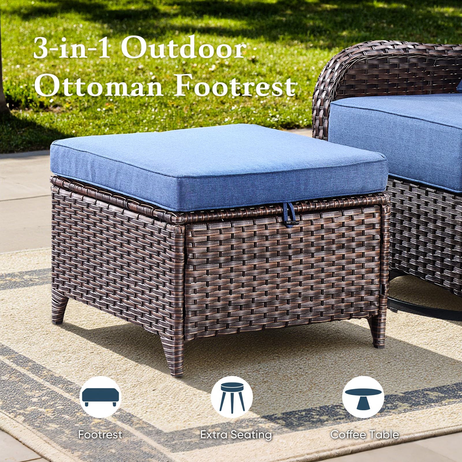 Luxury 6" Thick Cushioned 10 Pieces Patio Furniture Set with Fire Pit Table, Wicker Outdoor Conversation Set with High Back Swivel Rocker Chairs for Deck Porch Yard and Poolside - Brown+Blue