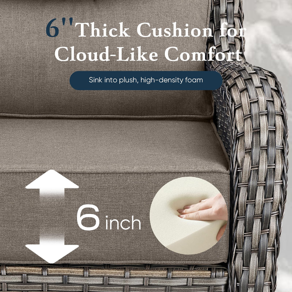 Luxury 6" Thick Cushioned Outdoor Swivel Rocker Chairs Set of 4 with Fire Pit Table, High Back Wicker Patio Furniture Set with Ergonomic Zone Back, Conversation Set for Deck Porch - Grey+Grey