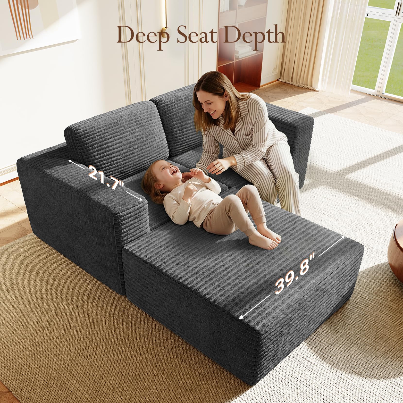 80" Modular Sectional Sofa, Corduroy Cloud Couch with Deep Seats & Spring Support, Compact 2 Seater Boneless Couch, L-Shaped Modular Sofa for Small Spaces, Apartments, No Assembly, Grey