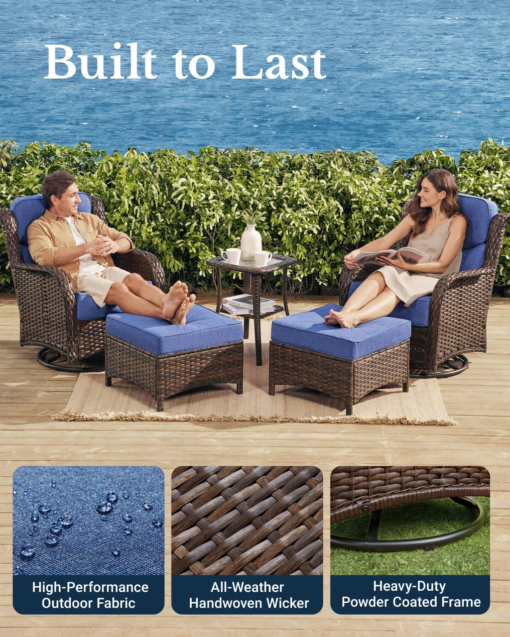 Luxury Patio Furniture Set with 6-inch Thick Cushion, Outdoor High Back Swivel Rocker Patio Chairs, 5PCS Wicker Conversation Set for Deck Yard and Poolside, Blue (V2)