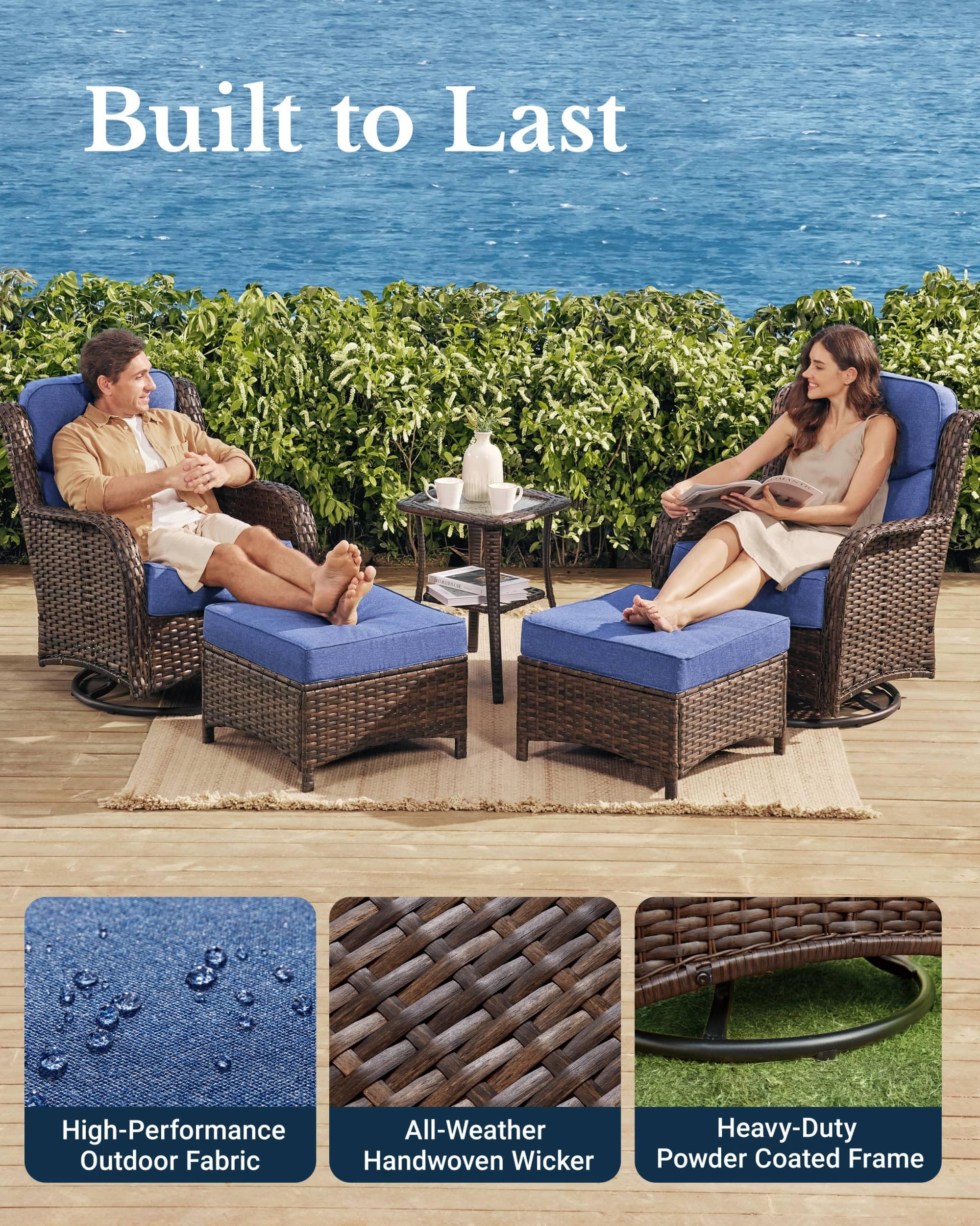 Luxury Patio Furniture Set with 6-inch Thick Cushion, Outdoor High Back Swivel Rocker Patio Chairs, 5PCS Wicker Conversation Set for Deck Yard and Poolside, Blue (V2)