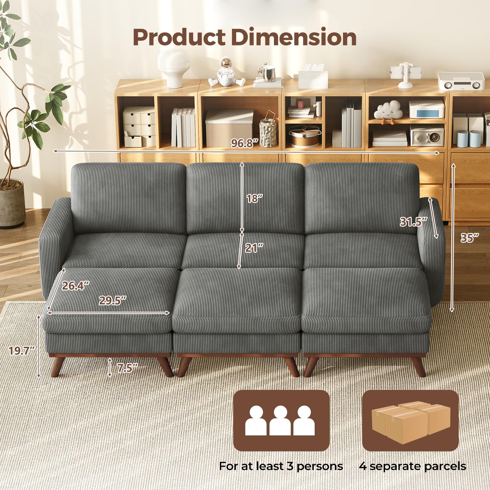 97" Modular Sectional Sofa Drak Gray, Sectional Couch with Movable Ottoman, Comfy Corduroy Couch with Spring Cushion, Modular Sofa with Deep Seat for Living Room, Bedroom and Apartment